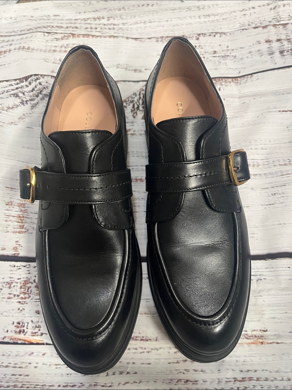 Cole Haan Carlitta Lug Black Leather Buckle Loafers size 7.5 women